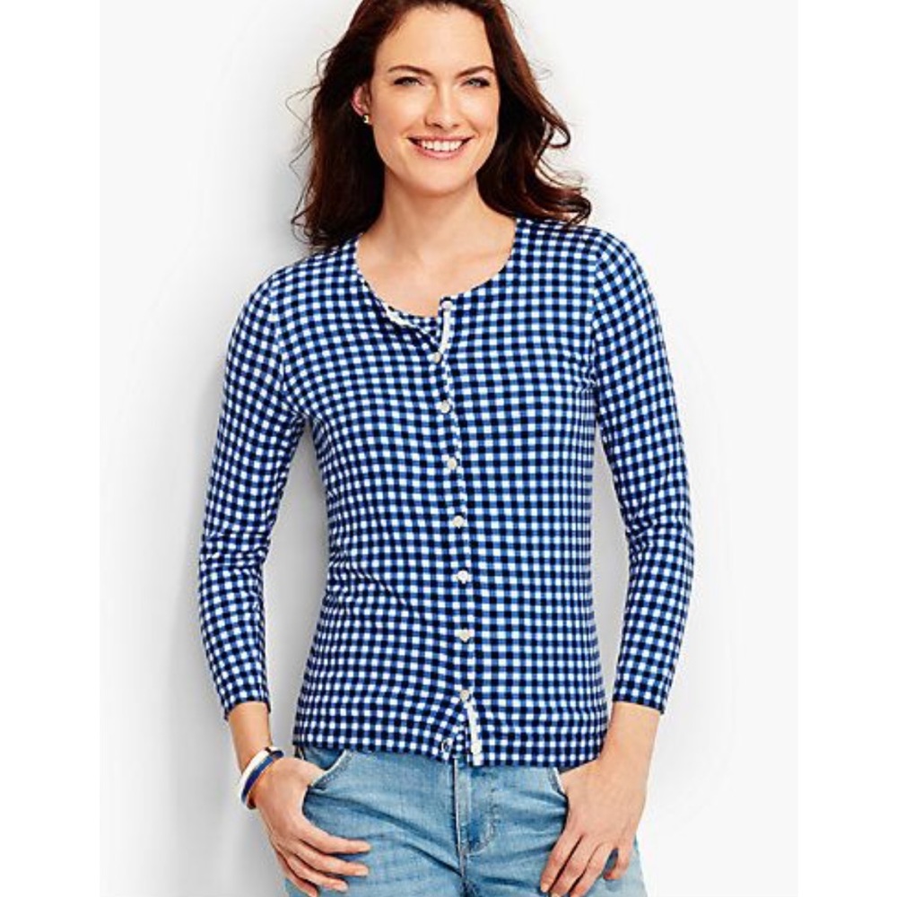 Talbots Blue check gingham cardigan small NWT